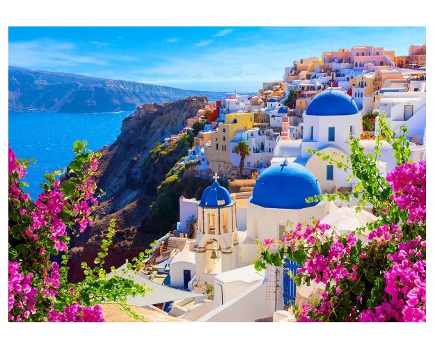 Santorini View with Flowers, Greece